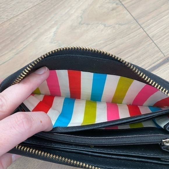 Kate Spade Black Large Continental Zip Around Colorful Striped Interior Wallet - Picture 13 of 16